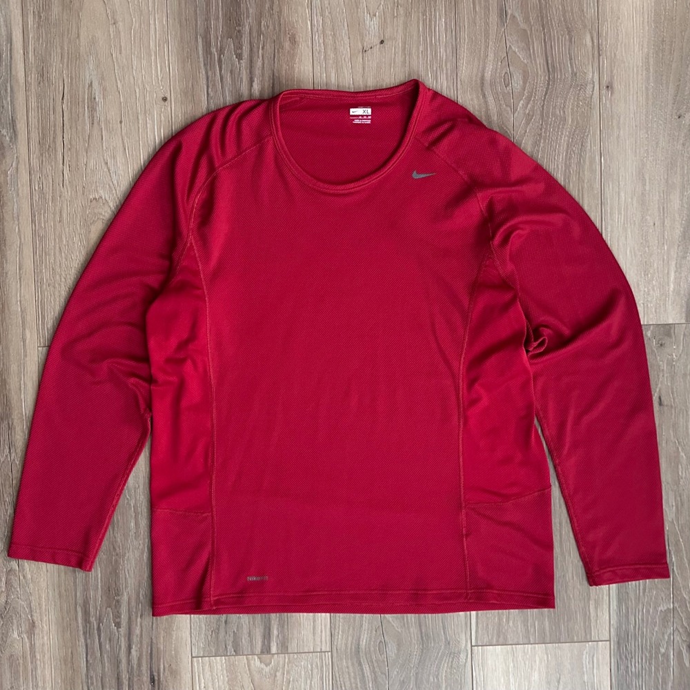 Nike Fit DRY Mens XL Dark Red Waffle Knit Mesh Long Sleeve Training Shirt